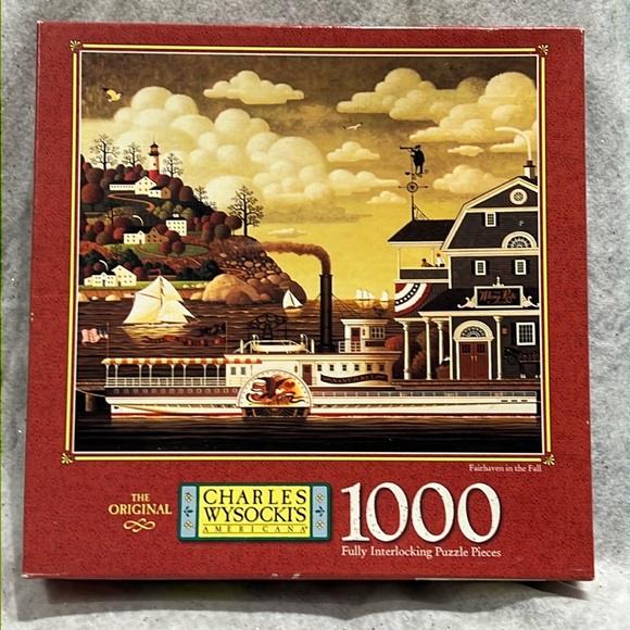 🔴2/$20🔴Charles Wysocki Fairhaven In The Fall Jigsaw Puzzle 1000 Pcs 1999 MB - Picture 1 of 5